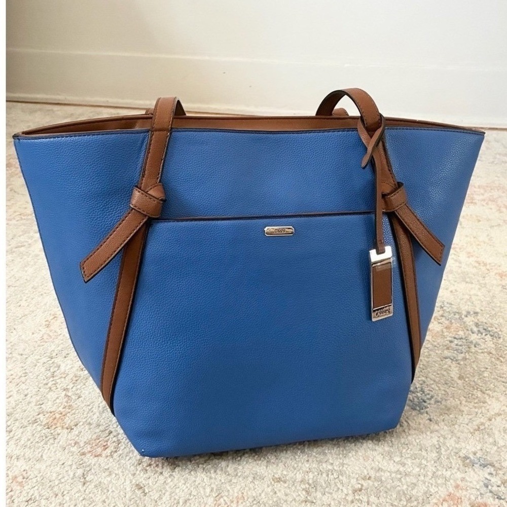 CHAPS Royal Blue Pebbled Faux Leather Large Tote Bag Handbag Purse Brown Trim